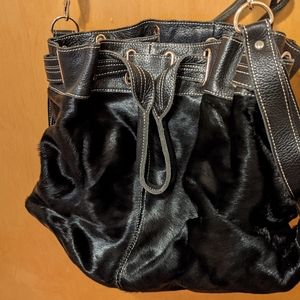 Aqua Madonna black leather animal hair purse